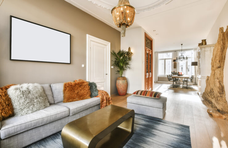 COMFORTABLE LIVING ROOM WITH GRAY SOFA